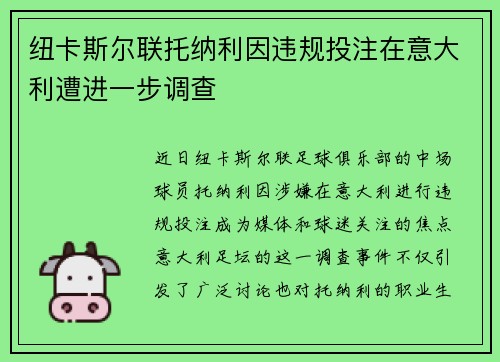 纽卡斯尔联托纳利因违规投注在意大利遭进一步调查